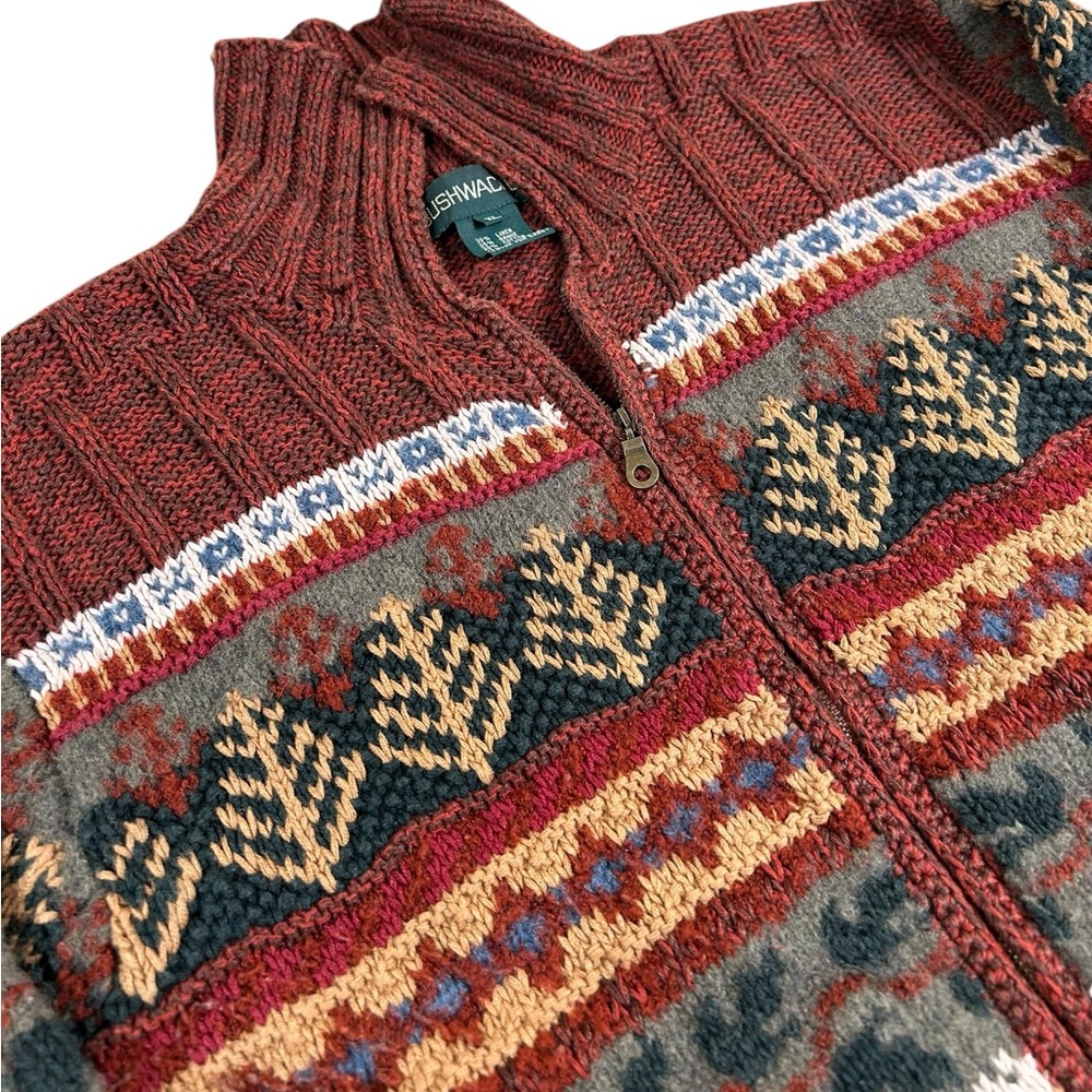 VTG Y2K Bushwacker Zip Sweater Cottagecore‎ Linen Wool Tree Pattern Women XL